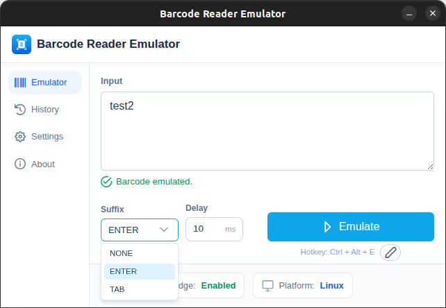 Barcode Scanner Emulator settings showing configurable suffix options.