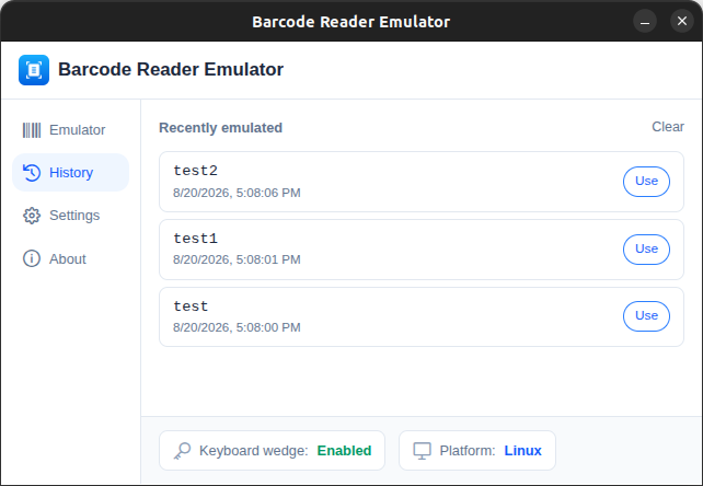 Barcode Scanner Emulator history screen with reusable previous scans.