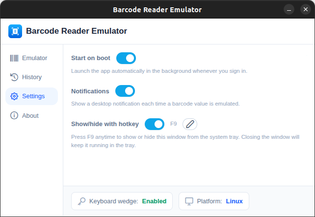 Barcode Scanner Emulator settings screen with runtime options.