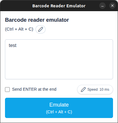 Barcode Scanner Emulator main window with barcode value field and trigger button.