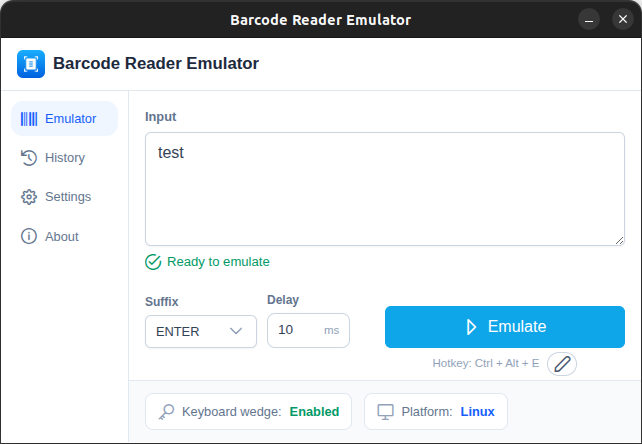 Barcode Scanner Emulator main window with barcode value field and trigger button.