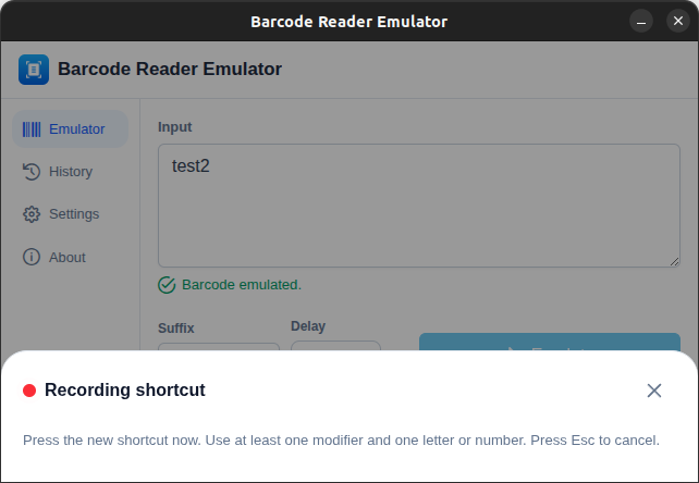 Barcode Scanner Emulator hotkey recording screen.