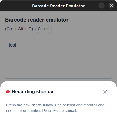 Barcode Scanner Emulator shortcut configuration screen with global hotkey settings.