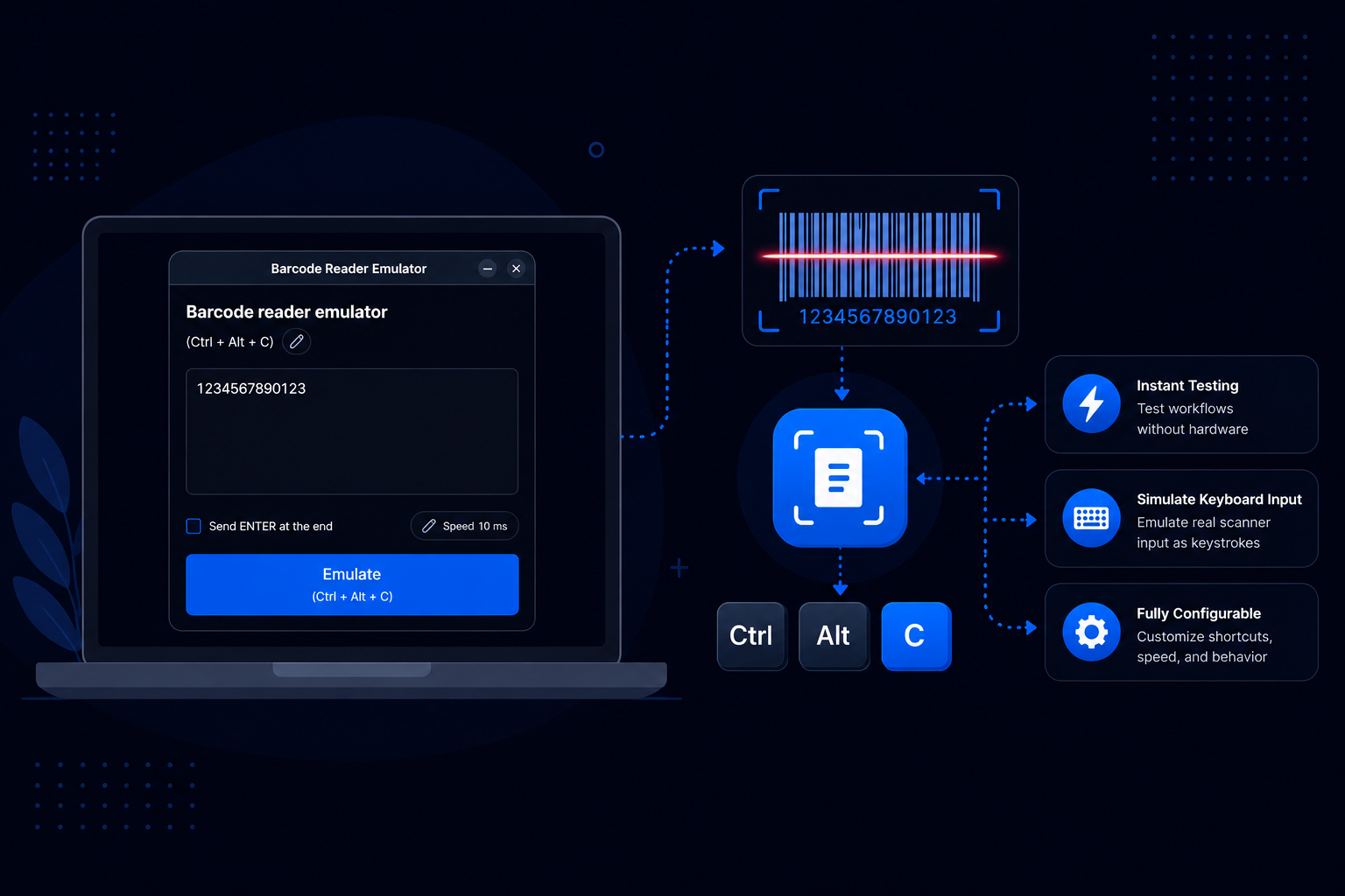 Barcode Scanner Emulator desktop app hero preview showing the main workflow interface.