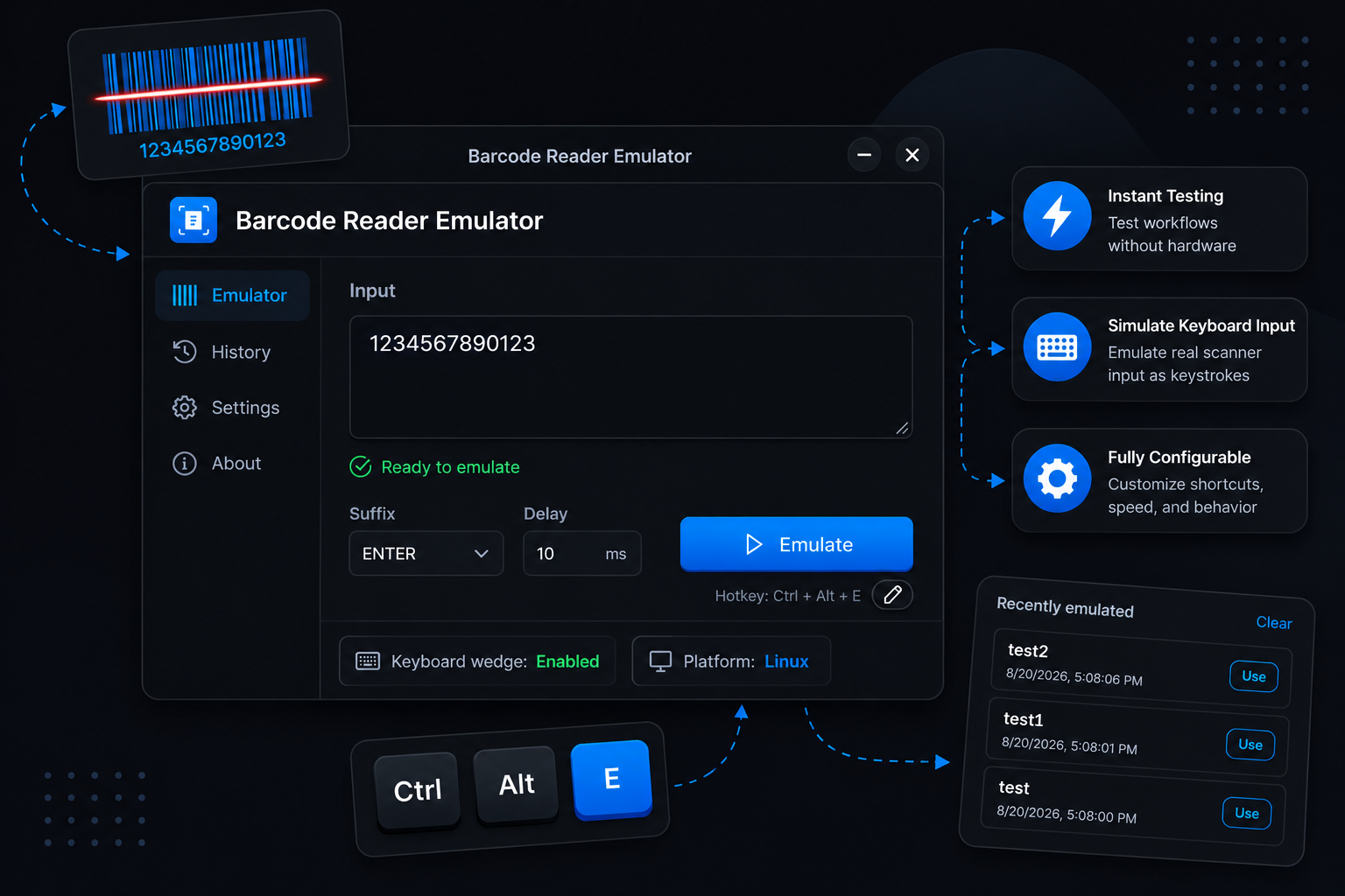 Barcode Scanner Emulator desktop app hero preview showing the main workflow interface.