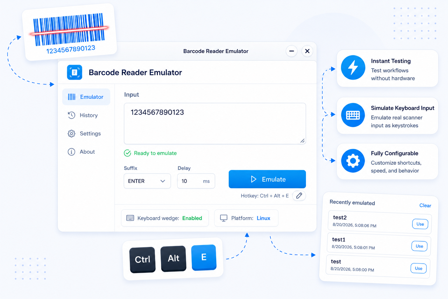 Barcode Scanner Emulator desktop app hero preview showing the main workflow interface.