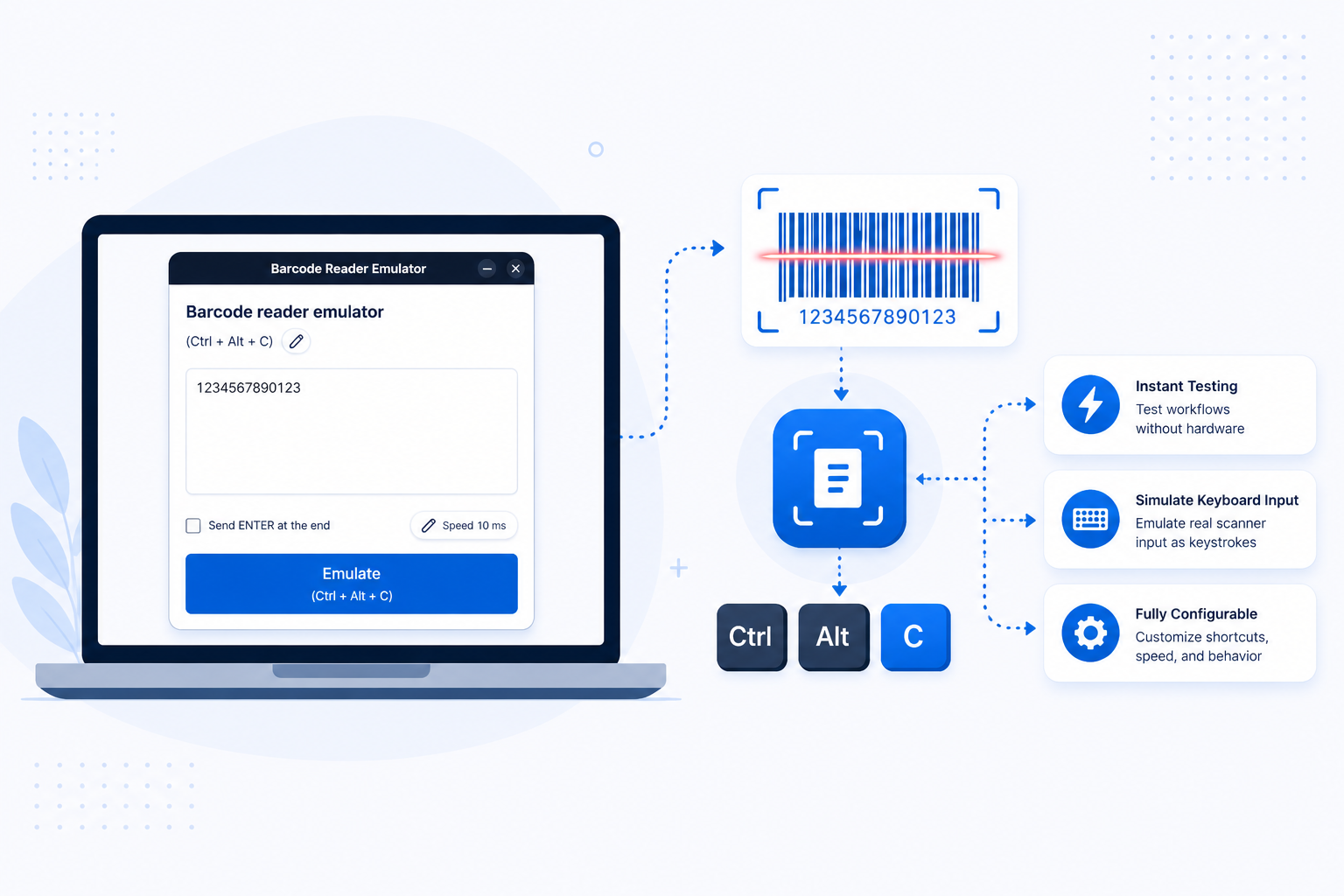 Barcode Scanner Emulator desktop app hero preview showing the main workflow interface.